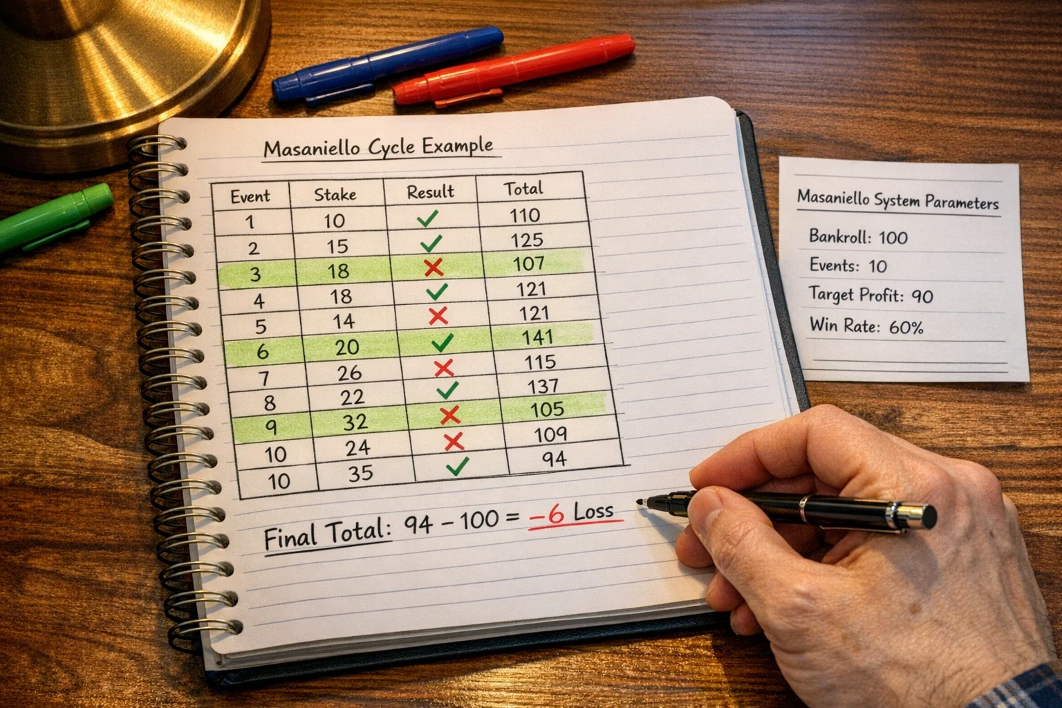 Esempio pratico di ciclo Masaniello con risultati annotati su quaderno