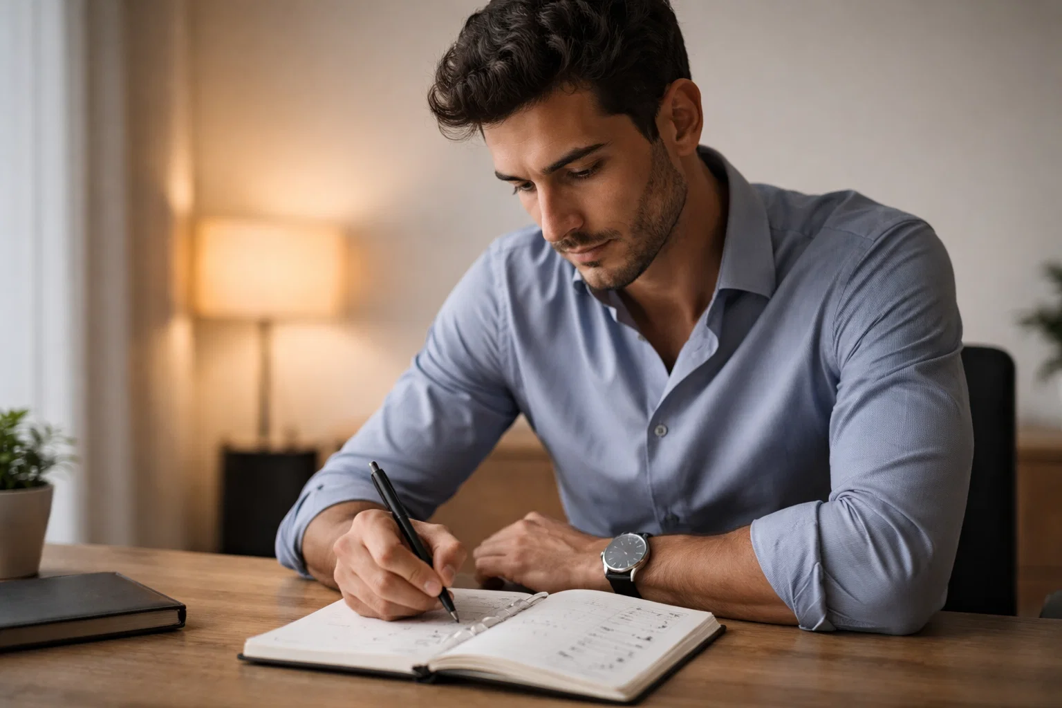 Persona concentrata che prende appunti con espressione riflessiva