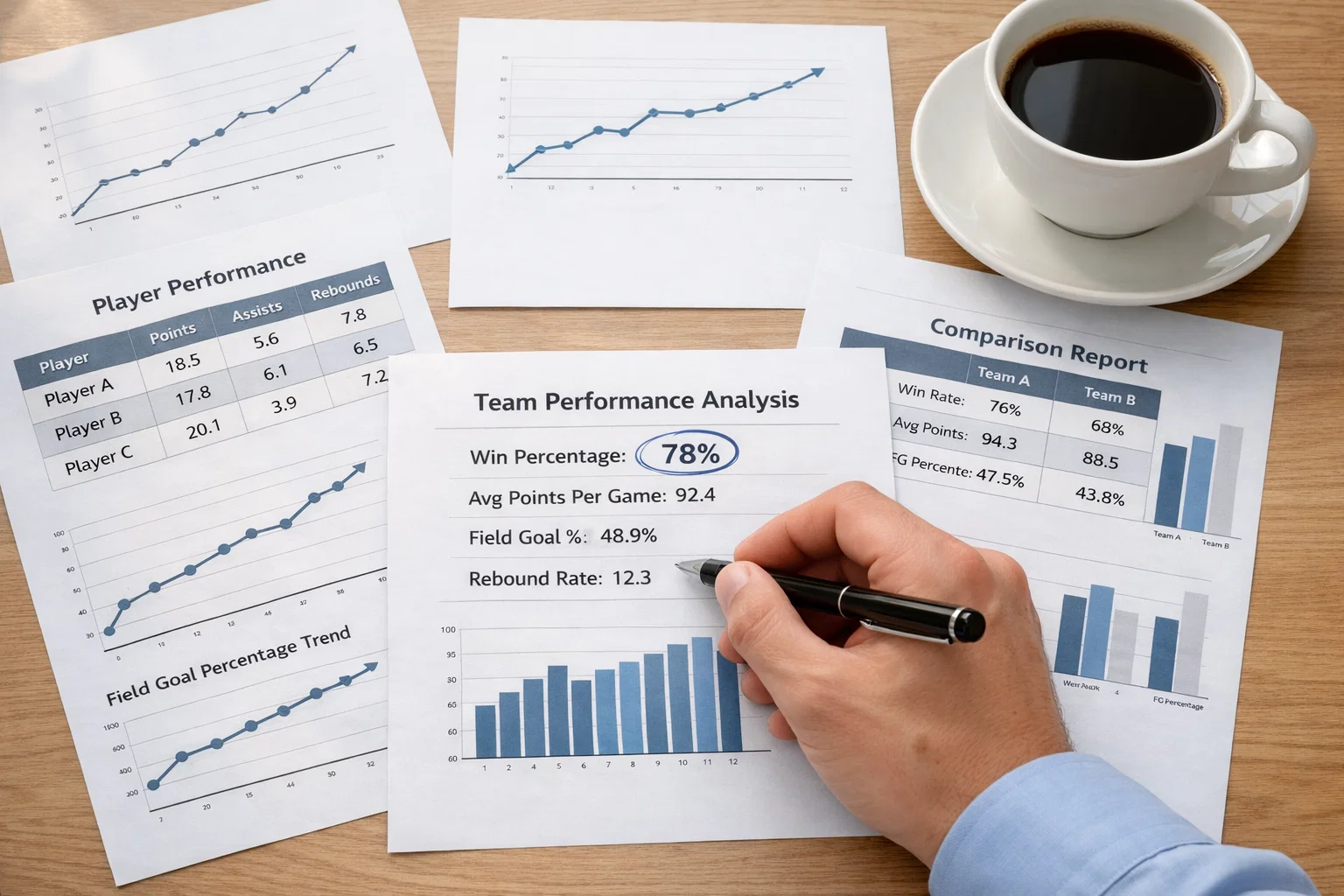 Professionista al lavoro con documenti e grafici di analisi sportiva