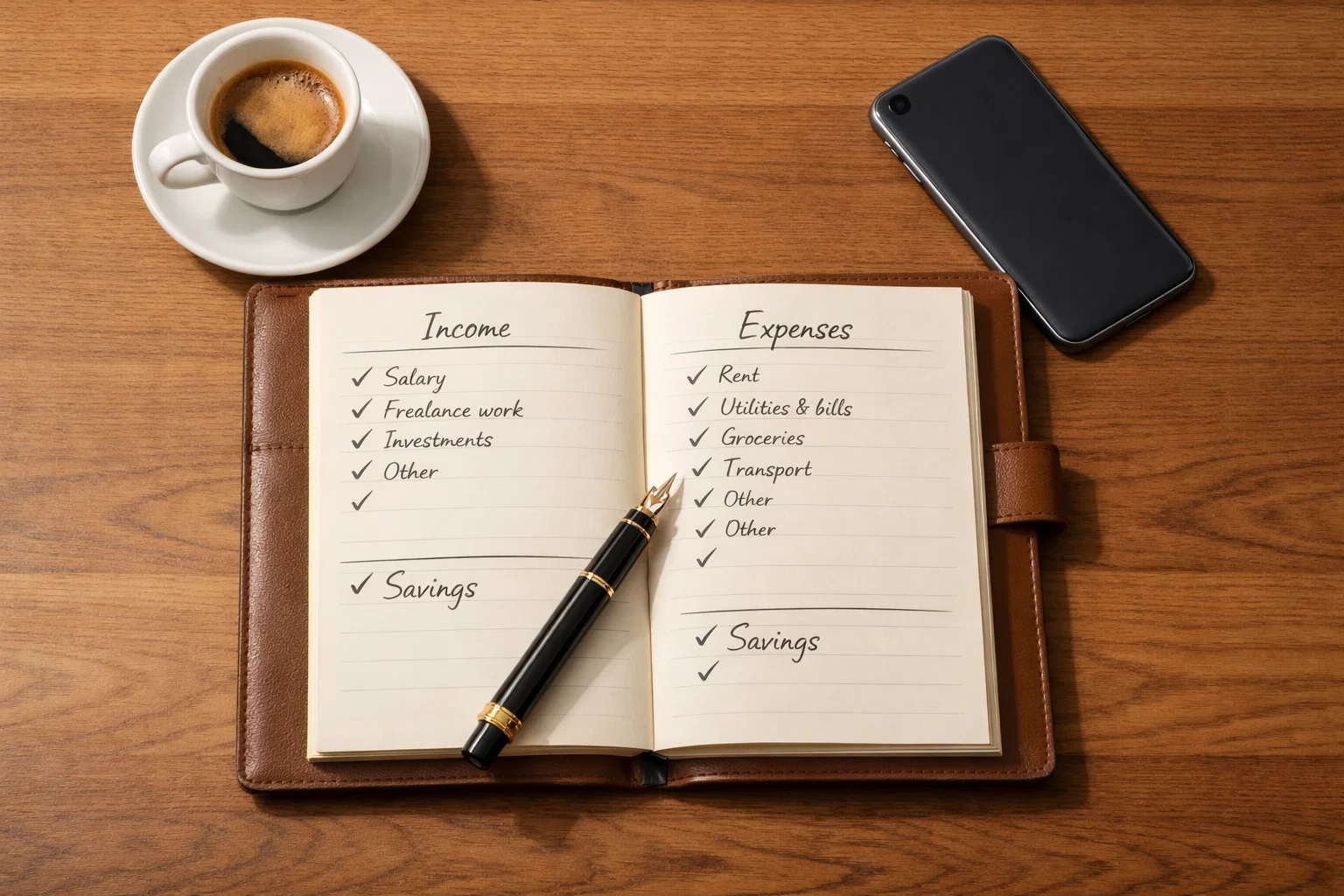 Quaderno con appunti e penna su una scrivania per la gestione del budget