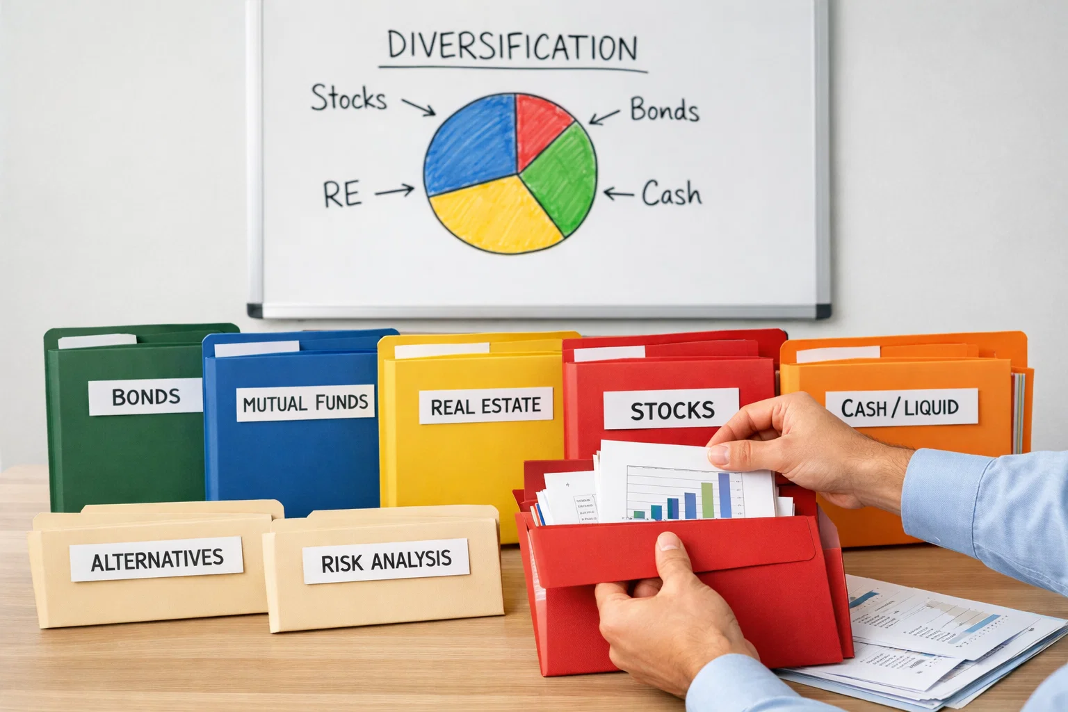 Uomo che organizza documenti e appunti per gestione diversificata