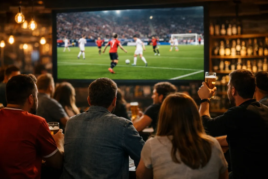 Tifosi che guardano una partita di calcio in diretta su grande schermo