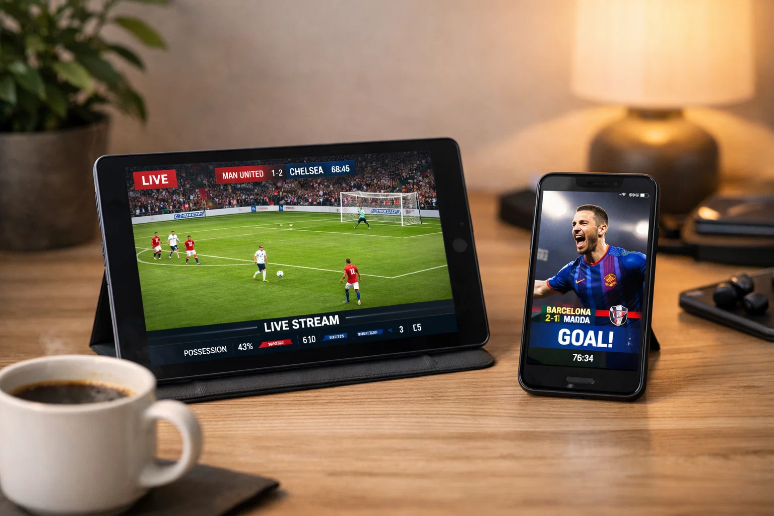 Postazione con tablet e smartphone per seguire partite in streaming
