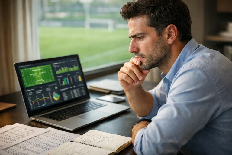 Analista che studia statistiche di calcio su laptop con campo da calcio sullo sfondo
